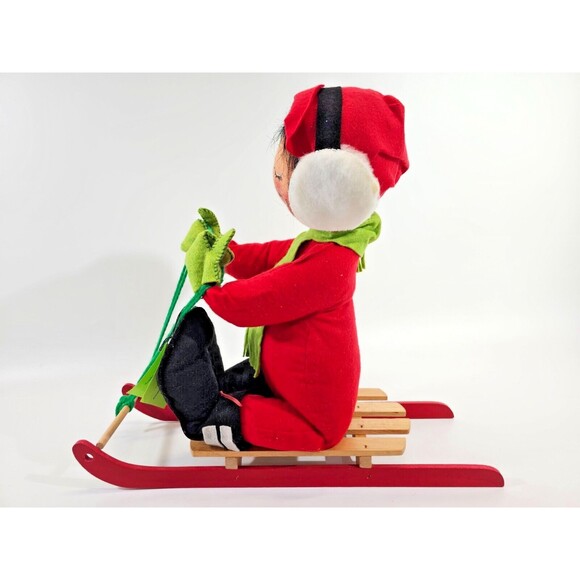 VINTAGE 1980s 14" Annalee Mobilitee Doll Girl Sled Sleigh Christmas Holiday Deco - Picture 2 of 9